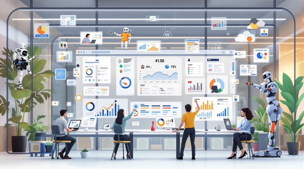 A professional workspace scene showcasing various team members and robots collaborating virtually through AI-powered collaboration tools, with digital dashboards displaying graphs and data, people engaged in discussion, and technology enhancing their workflow.