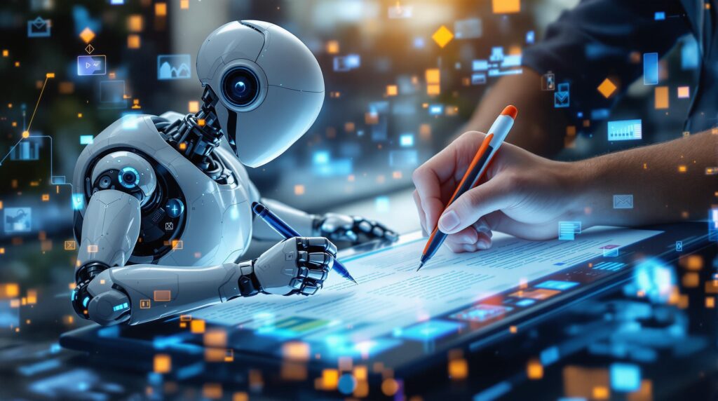 A dynamic scene where a robot with a digital pen is collaborating with a human writer, together drafting content on a large digital tablet.