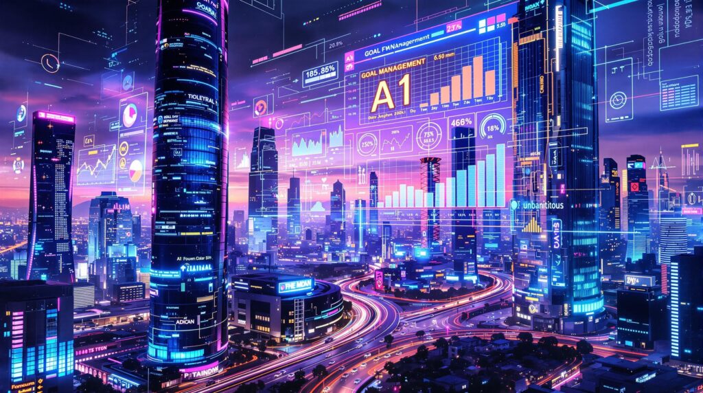 a futuristic city skyline depicting AI-powered goal management 