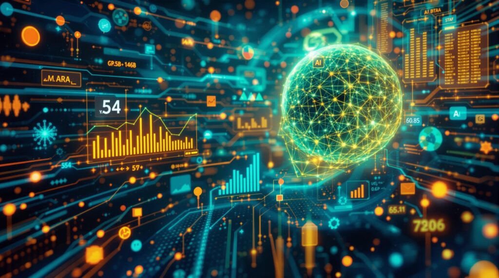 An image depicting AI algorithms analyzing vast data streams with symbols like graphs, neural networks, and futuristic digital interfaces to represent the complex process of AI making predictions.