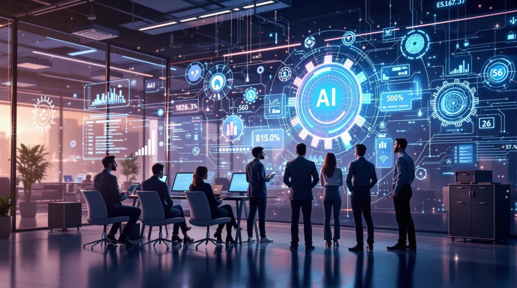 a futuristic office setting where AI prompts are depicted as gears and circuits intricately fitting together to optimize professional workflows