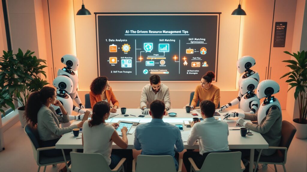A diverse team of professionals and high tech robots gathered around a brainstorming table, with a digital board displaying AI-driven resource management tips such as data analysis, skill matching, and optimization strategies, all illustrated with icons and visuals.