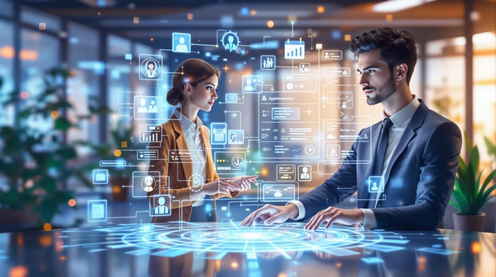 dynamic illustration of AI scheduling assistants in action with digital avatars interacting with a smart calendar