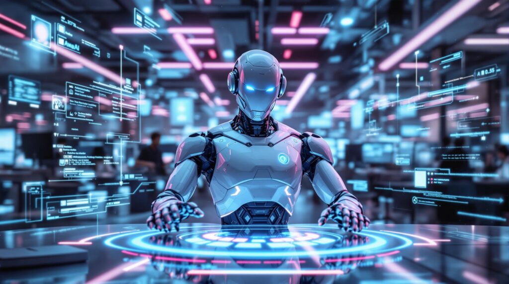 a futuristic robot surrounded by holographic displays and virtual interfaces engaging in Automating Routine Tasks with AI