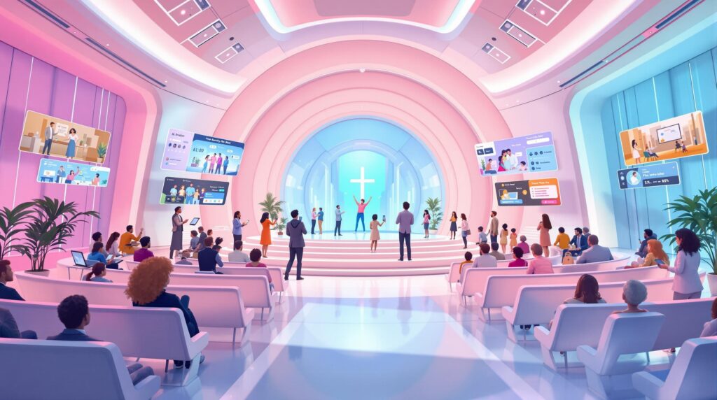 futuristic church setting with diverse congregation members engaged in ministry activities