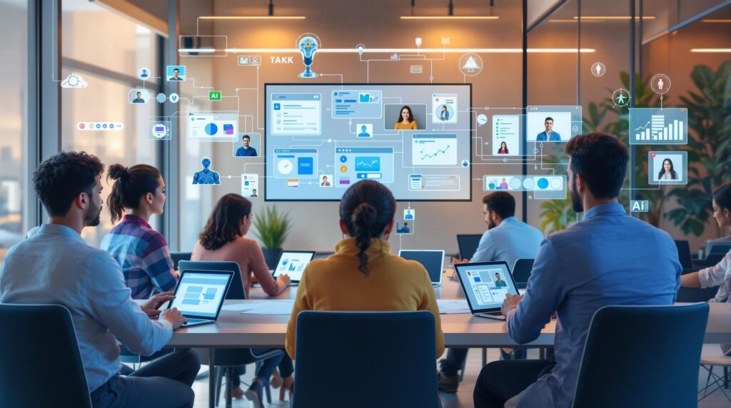 diverse team members use ai tools on various devices emphasize the integration of technology in enhancing teamwork