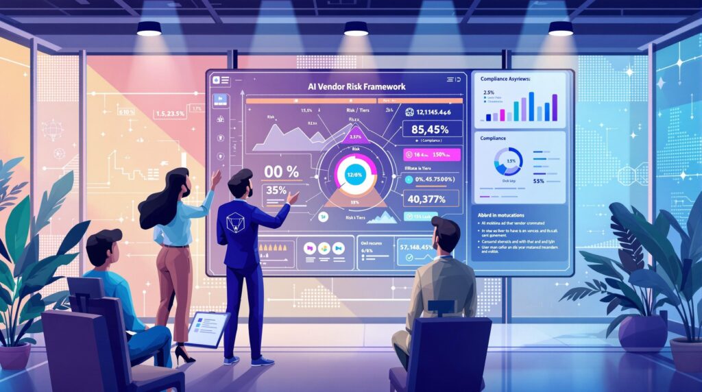 Illustration of a futuristic office setting where business professionals collaborate over a digital screen displaying an intricate AI vendor risk framework.