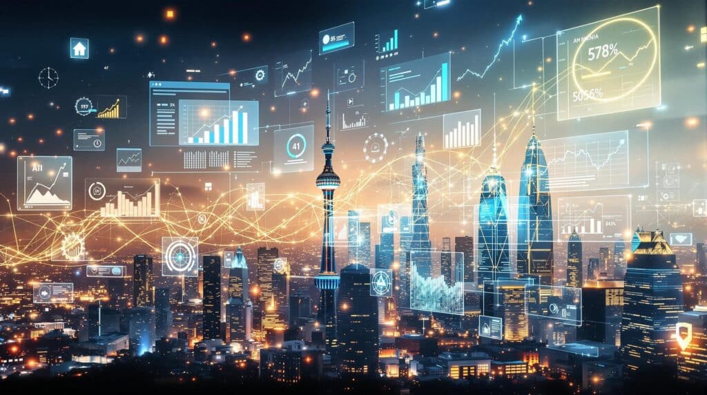 A conceptual image illustrating the future landscape of finance powered by AI visualization tools.