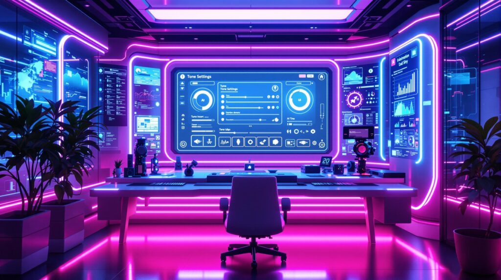 state-of-the-art workspace and advanced AI tools and digital screens displaying tone settings