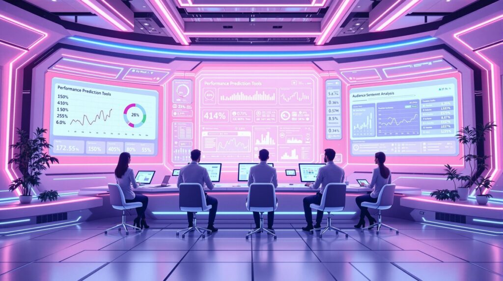 a futuristic control room where a team of professionals is engaged with advanced digital screens displaying comprehensive analytics