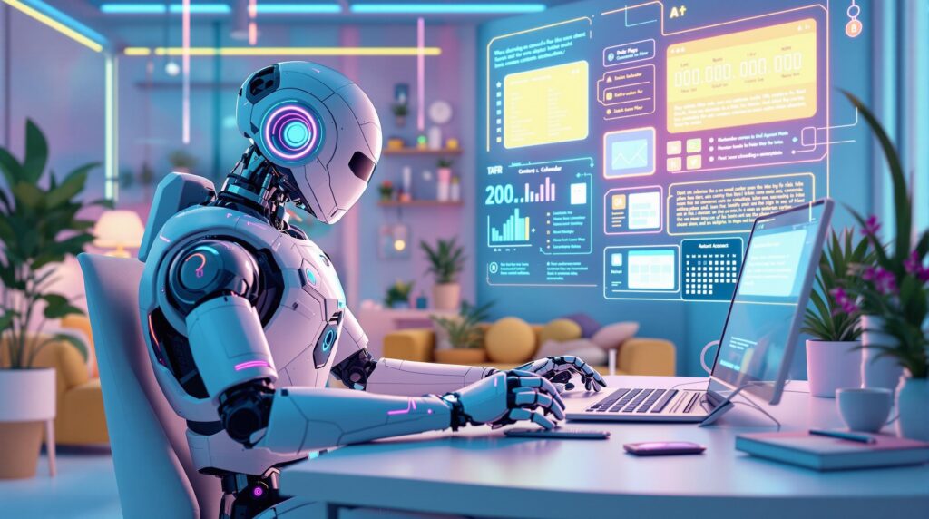 vibrant image showcasing an AI-powered workspace where a high tech robot is using advanced tools to automate content creation