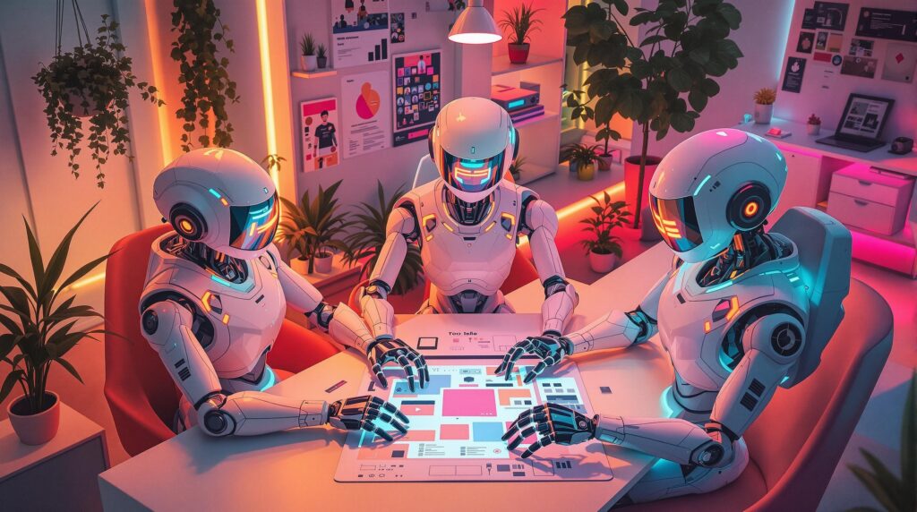 three high tech robots automating various tasks such as layout generation, color selection, and image resizing