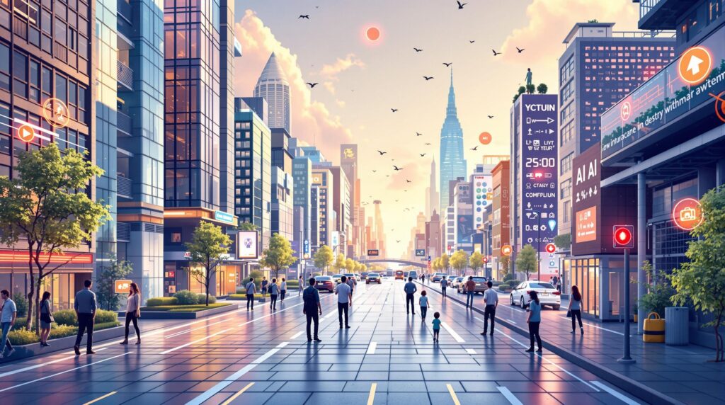 a futuristic cityscape where generative AI impacts are visible in everyday life