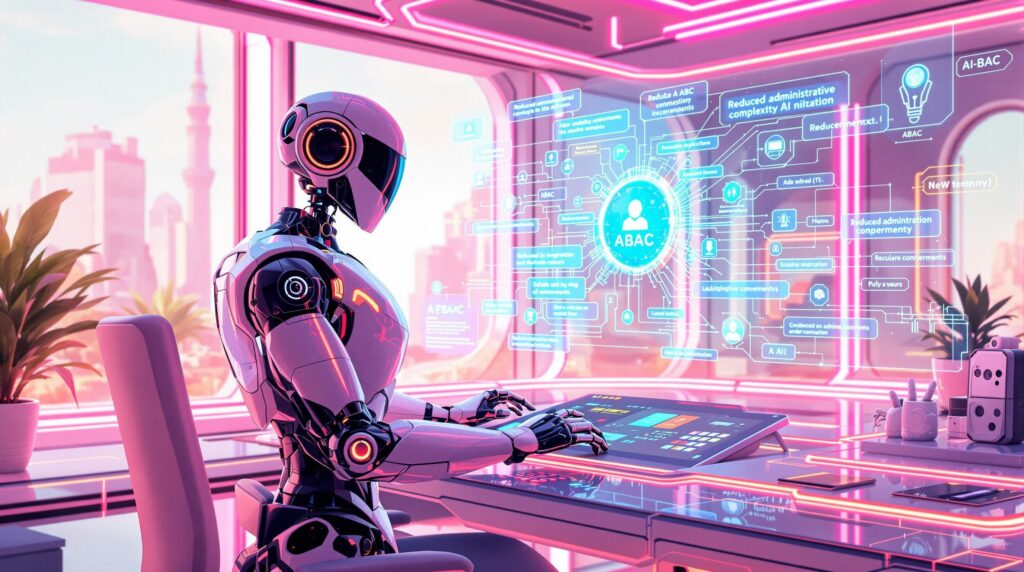 a robot in a futuristic office setting operating a console with holographic projections that showcase reduced administrative complexity and scalable AI environments
