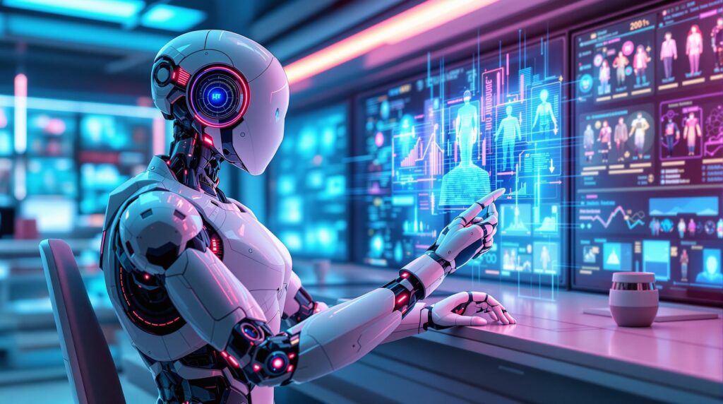futuristic robot adjusting data streams on a holographic interface emphasizing preventing overfitting with model variety