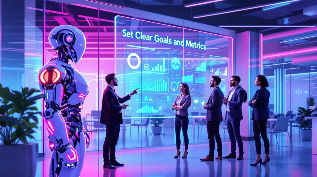 futuristic robot standing beside a diverse group of professionals with digital displays in the background showcasing Set Clear Goals and Metrics with holographic charts and graphs
