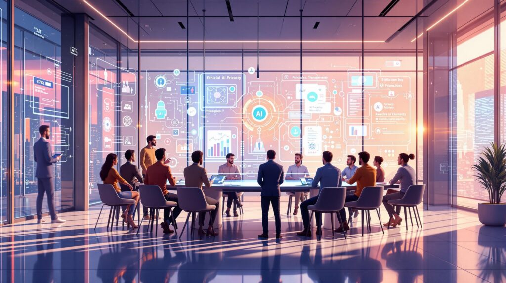 a diverse team collaborating around a large holographic display showing AI systems and ethical guidelines