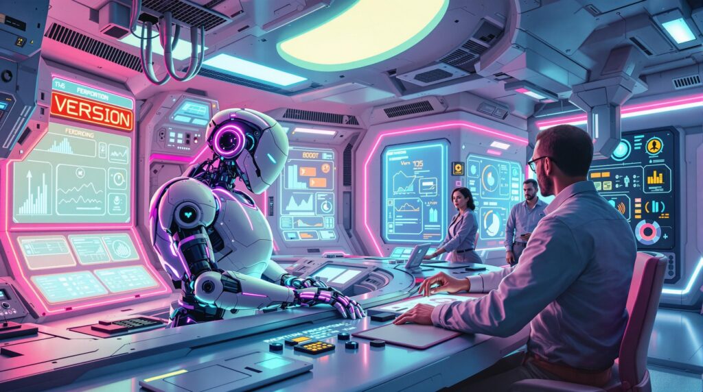 a robot collaborates with experts and screens showing interactive diagrams for versioning and performance metrics