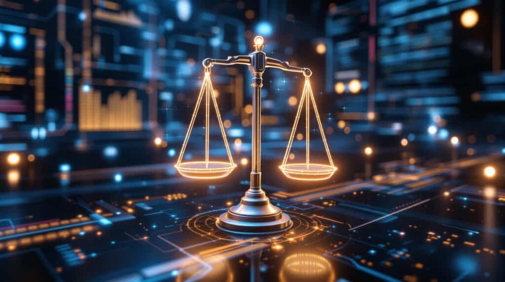 a futuristic scene showing AI systems analyzing data streams for bias detection