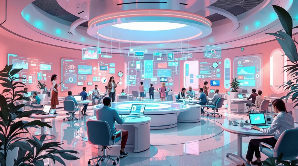 diverse individuals with interactive holographic displays with data on bias detection