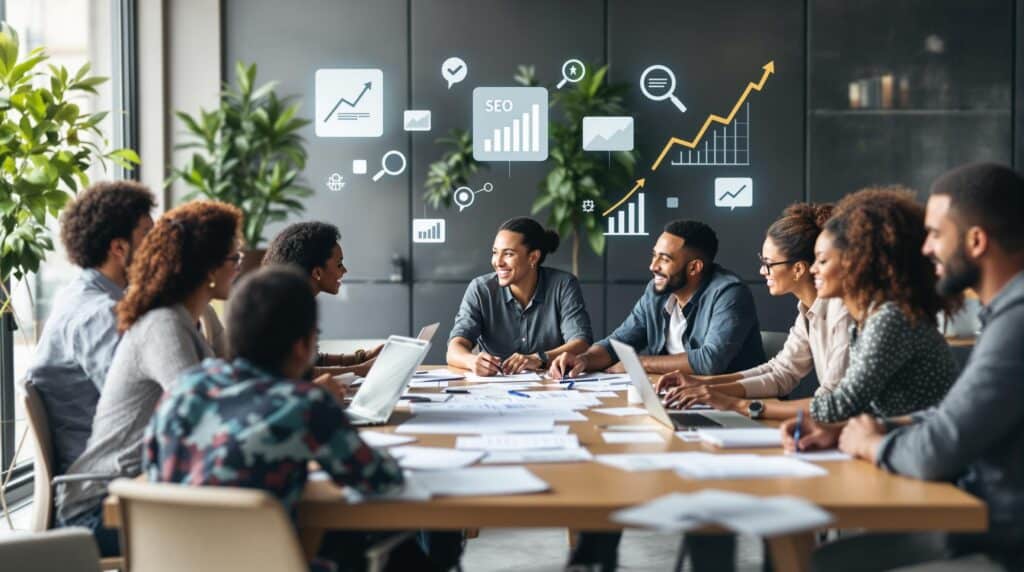 An image of a diverse group of people brainstorming blog post ideas around a modern conference table, with laptops and notepads, surrounded by floating icons of magnifying glasses and upward-trending graphs to symbolize SEO growth.