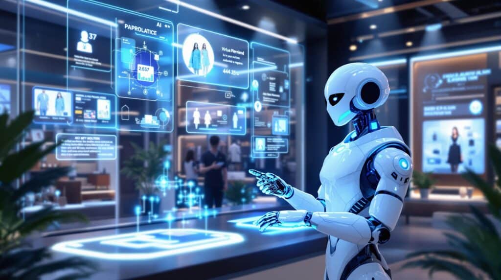interactive AI chatbot assisting a customer in a virtual store environment and holographic displays showing personalized product recommendations