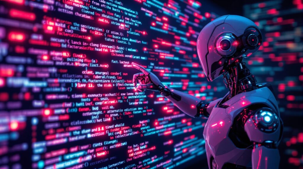 A retro futuristic robotic figure pointing at a virtual screen filled with code, where various bugs are visually represented as red icons being analyzed in real-time.