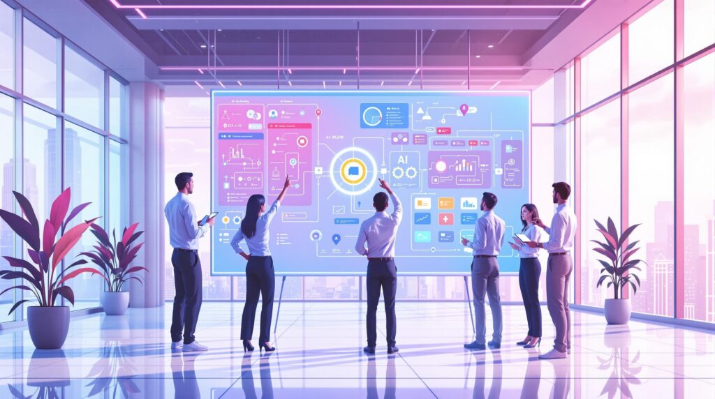 a team of business professionals collaborating around a digital board with detailed diagrams of AI workflows displayed
