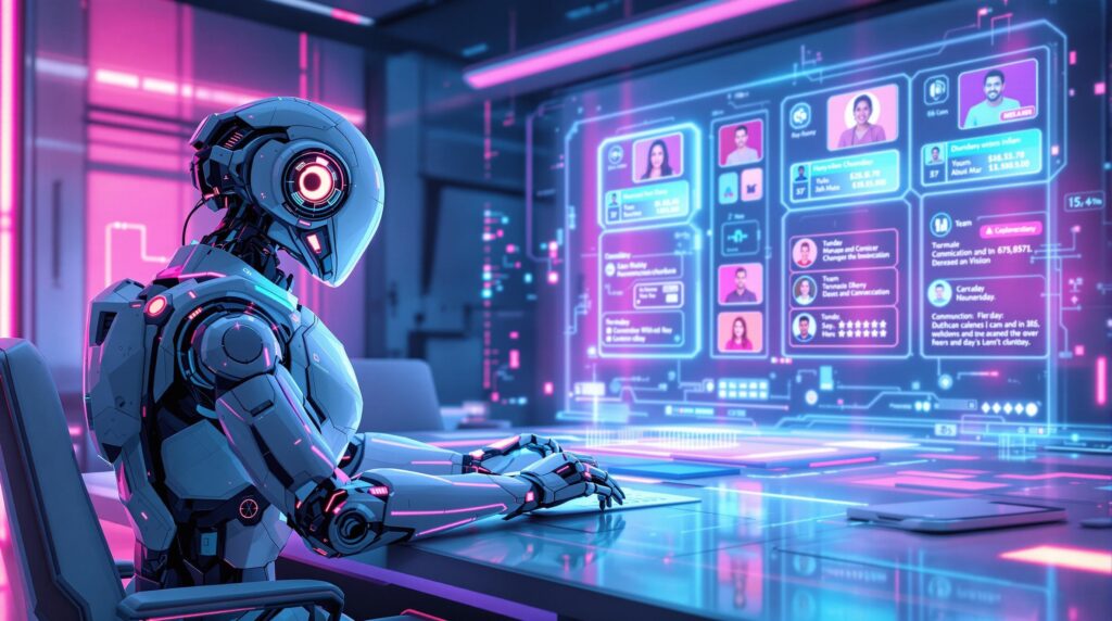 futuristic robot participating in a virtual meeting with diverse team members