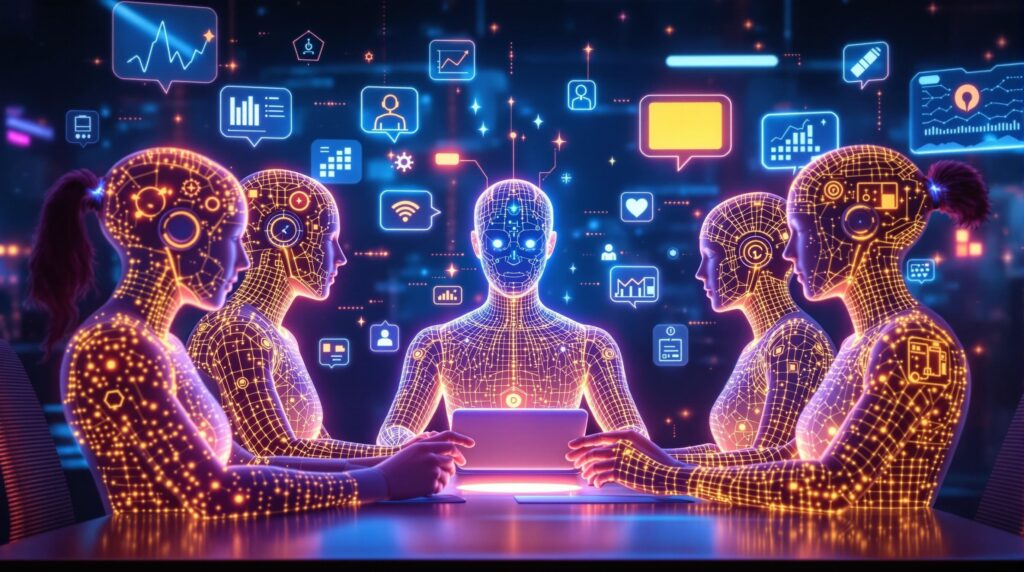 futuristic workspace where a diverse group of digital AI personas are interacting