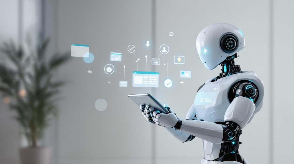 A high tech robot using a tablet that displays simple, user-friendly AI SEO tool interfaces. Around the high tech robot, symbols like checkmarks, light bulbs, and arrows indicate the ease and guidance provided by these tools. 