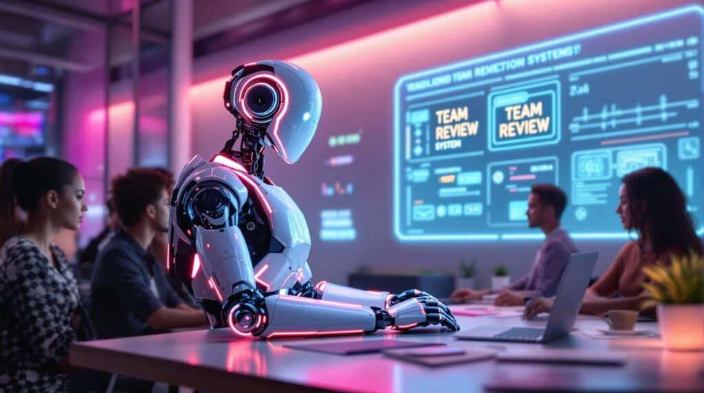 a futuristic robot and group of professional with digital boards highlighting collaborative Team Review Systems
