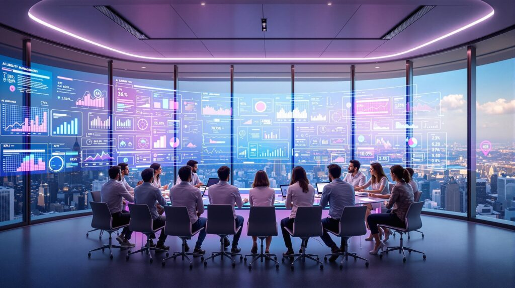 a diverse team of professionals gathered around in a futuristic office setting filled with holographic KPI dashboards displaying 
