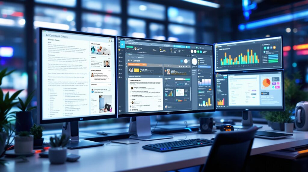 A futuristic workspace with multiple screens displaying AI-driven content creation tools, visually showcasing a seamless integration of technology and creativity in an organized setting. 