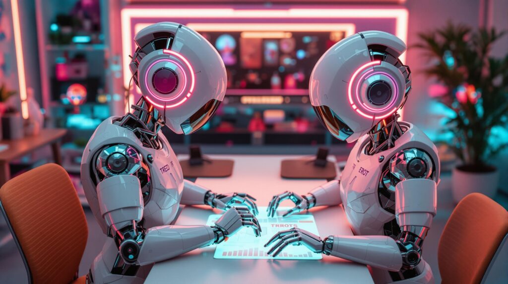 two high tech robots working on business data