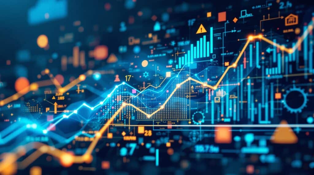 conceptual image of weighted metrics calculation with abstract mathematical symbols, graphs, and digital data streams to represent complex data analysis