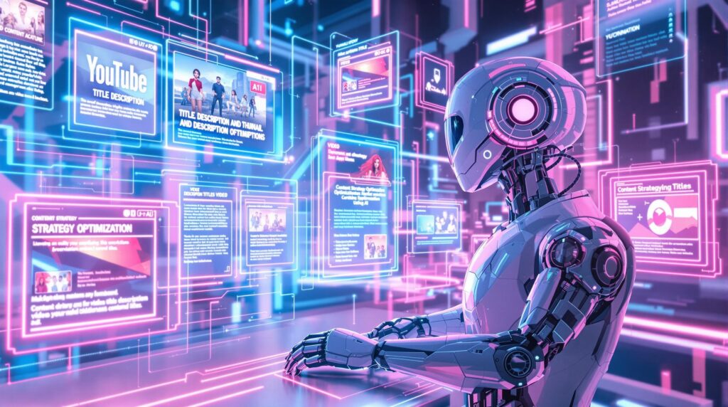 futuristic robot surrounded by holographic screens displaying video thumbnails, titles, and descriptions