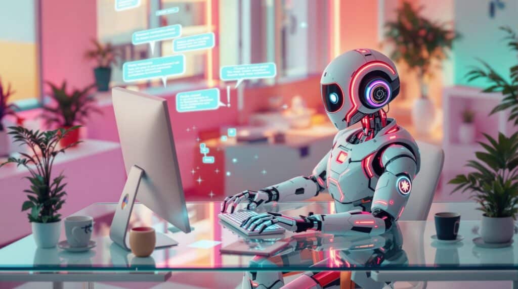 a futuristic robot setting a chat retention policy in a minimalist office 