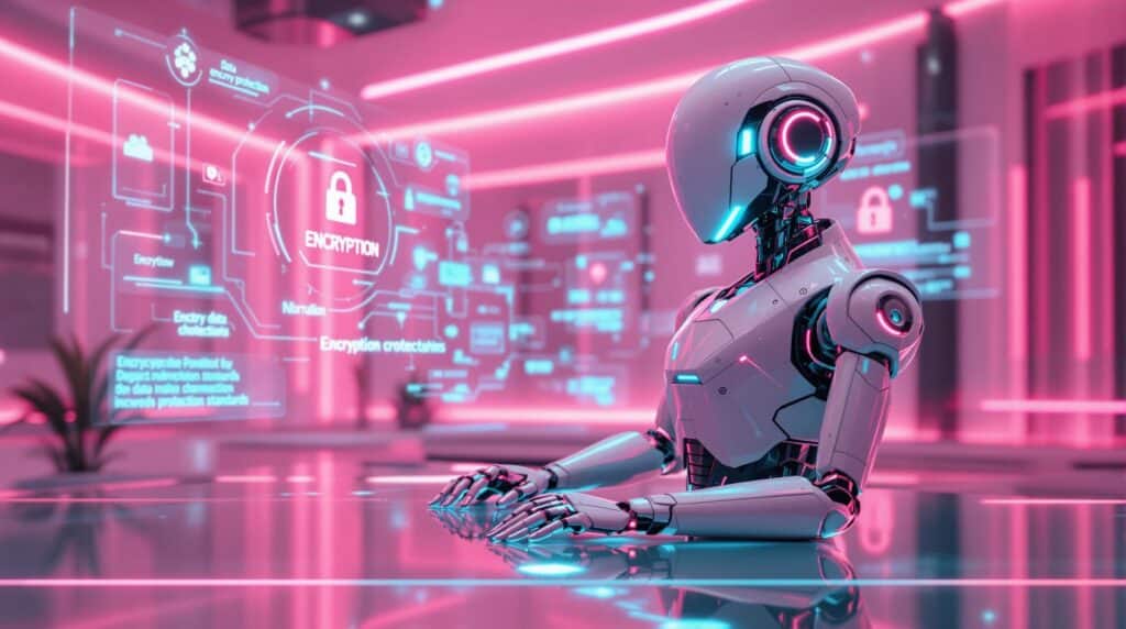 futuristic robot with neon accents surrounded by holograms depicting encryption and data protection standards
