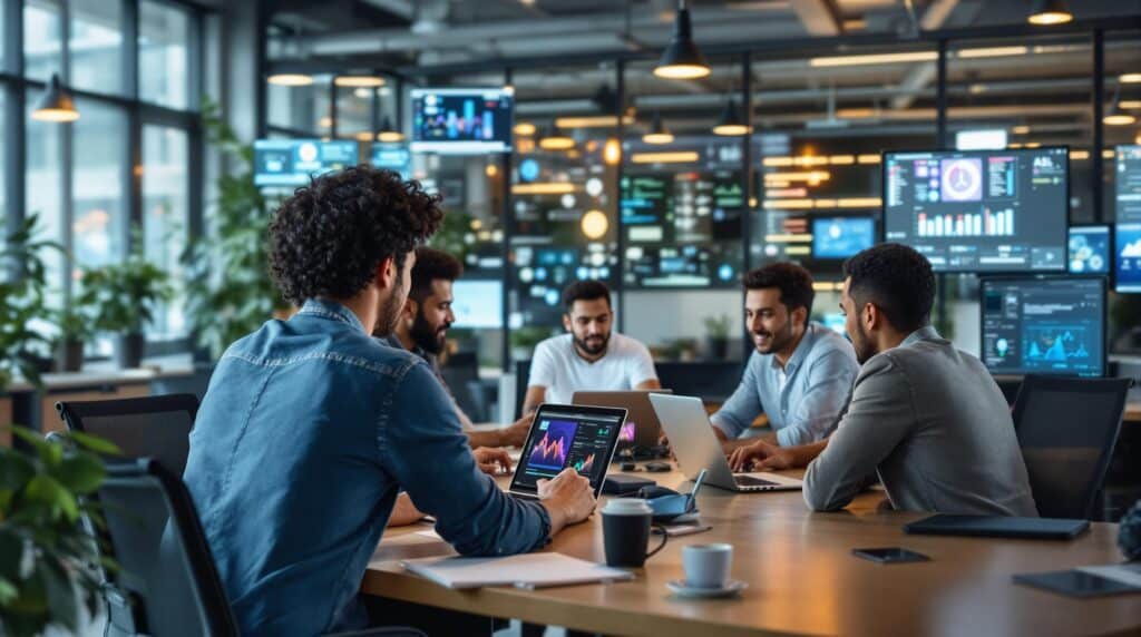 An office workspace with a diverse team gathered around a table, where each person is using different AI tools on their laptops.