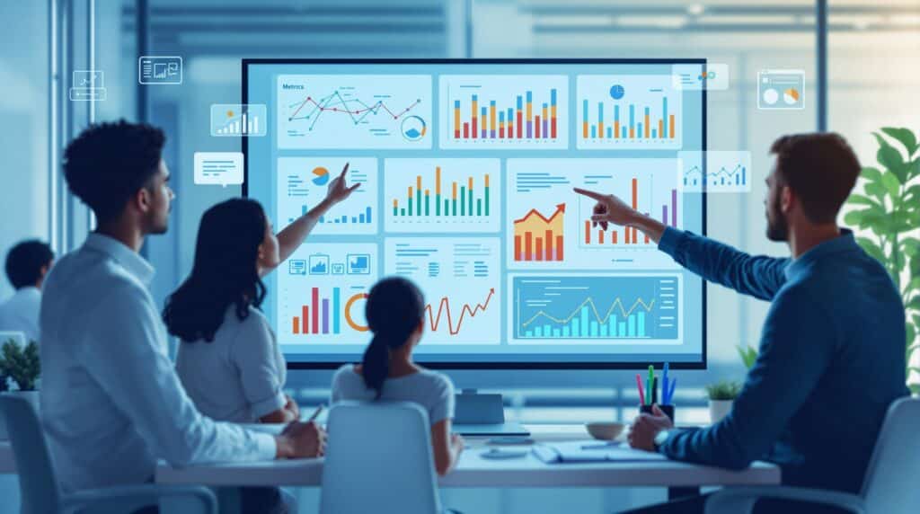 An image depicting a professional workspace with a focus on various charts and graphs displayed on a screen, representing different metrics. Include a diverse group of professionals engaged in discussion, pointing to different data points, symbolizing the thoughtful process of selecting the right metrics for AI evaluation.