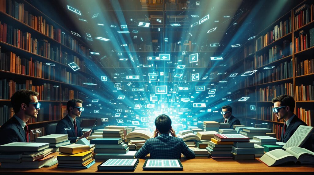 a library transforming into a digital archive, books morphing into digital tablets with emerging facts replacing misleading content