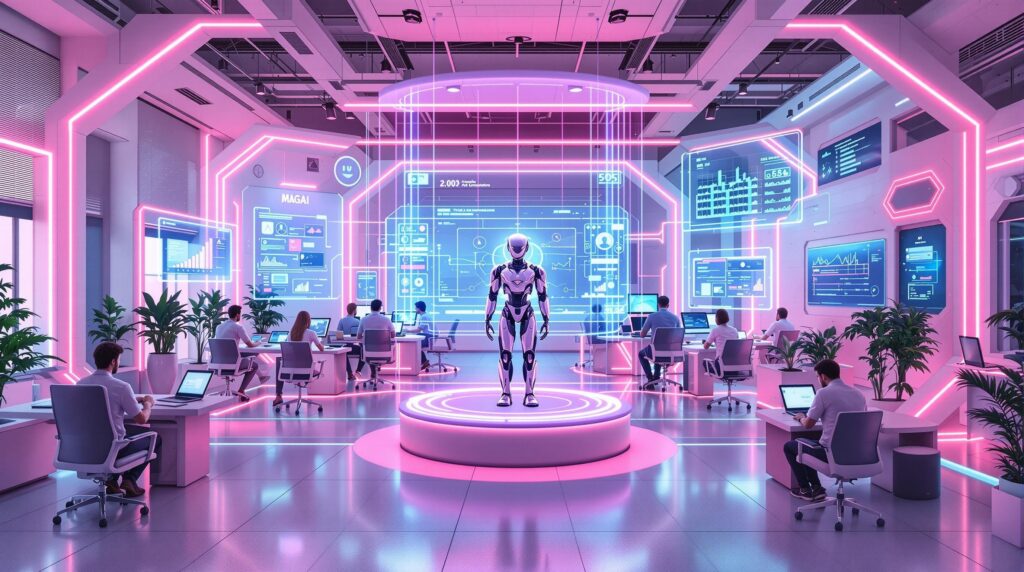 high-tech workspace bustling with team members and futuristic robot at the center surrounded by interactive holographic interfaces that depict the streamlined implementation of ensemble techniques 