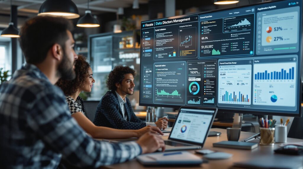 A collaborative workspace where a diverse team uses AI-powered tools to implement solutions for data management challenges.