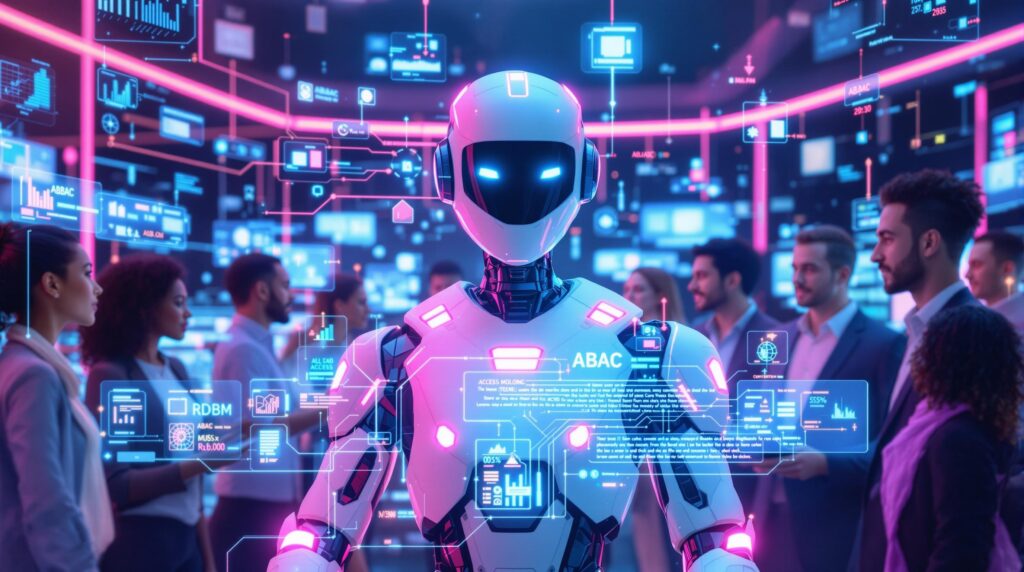 a futuristic robot standing amidst a diverse team of professionals with holographic screens displaying interconnected data streams symbolizing ABAC systems