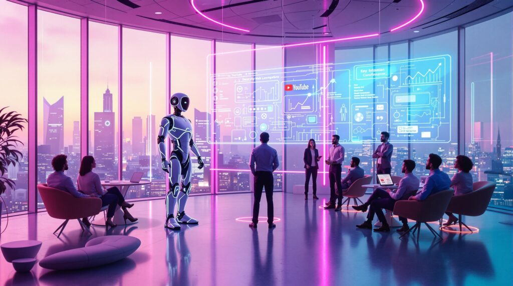 a diverse team of professionals with holographic screen in mid-air displays YouTube with key insights