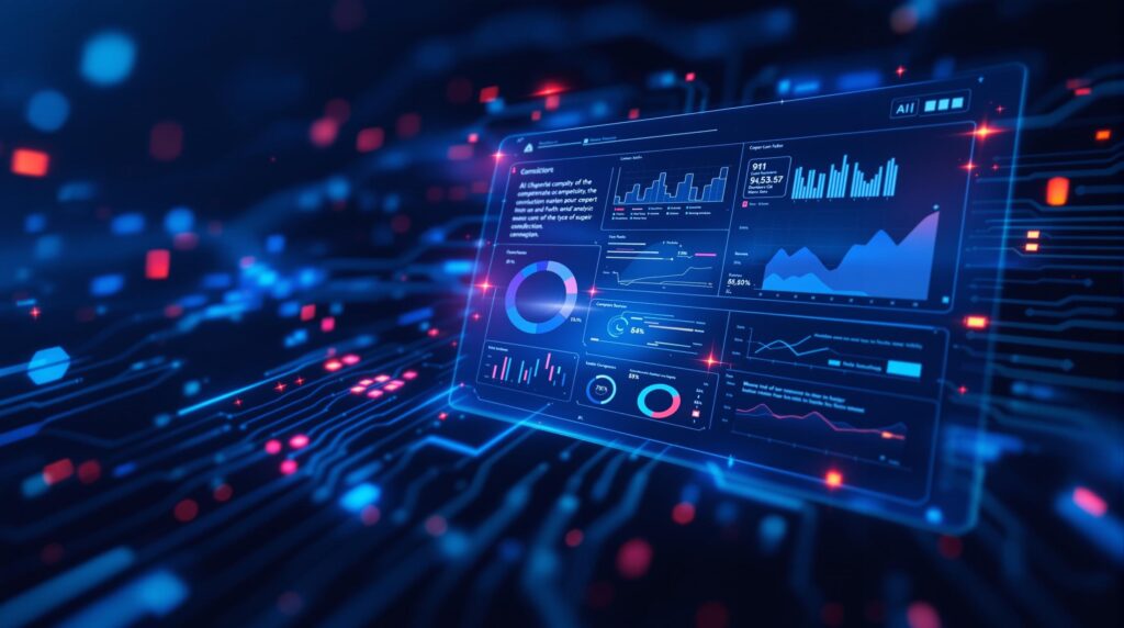 A digital report showcasing the impact of AI in competitor analysis, featuring graphs and insights, with a backdrop of digital circuitry symbolizing advanced technology.