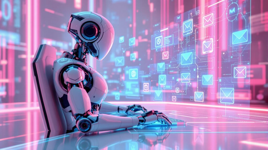 futuristic robot sitting at a sleek digital workstation surrounded by holographic screens displaying email icons