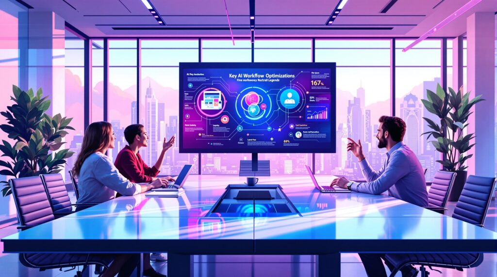 a dynamic team of professionals actively engaged in a lively meeting and a large digital screen in the background displaying a vibrant infographic highlighting key AI workflow optimizations