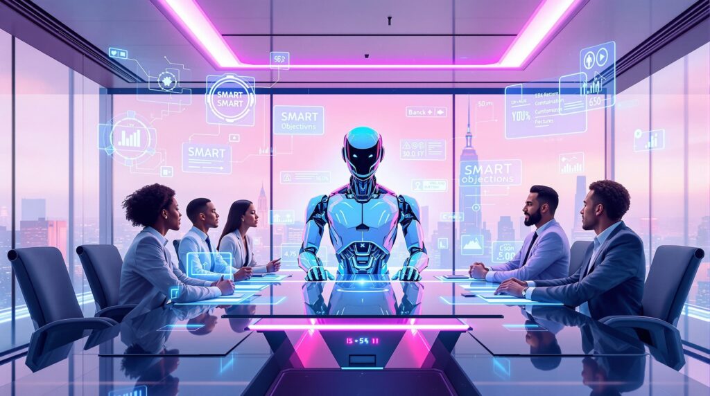 futuristic robot guiding a diverse team of professionals with holographic displays illustrating SMART objectives and strategic outcomes